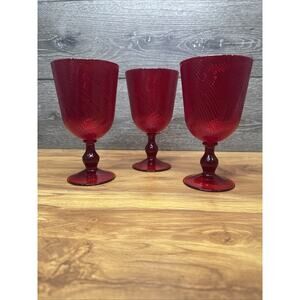 Juliska Arabella Ruby Red Glass Swirl Optic Water Goblets 6-5/8" - 12oz~set Of 3